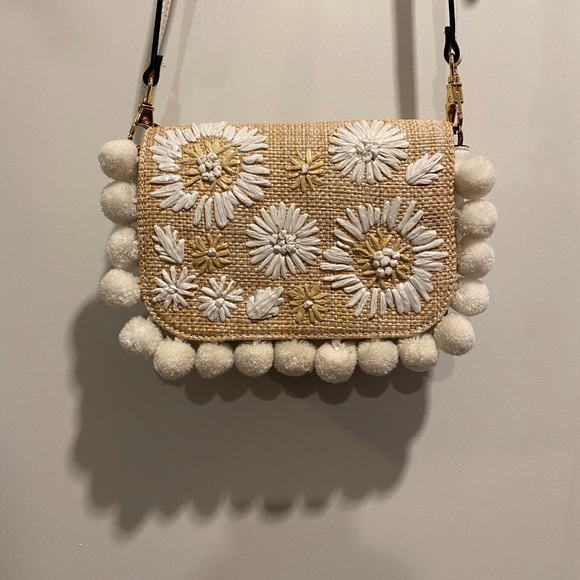 Aldo Handbags - White leather and wicker purse with white poms